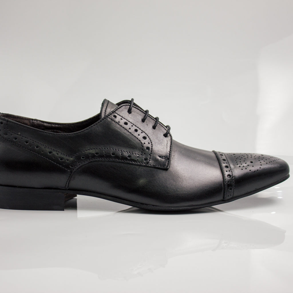 Black Brogue Pointed Cap-Toe Derby Office Shoes (Single Sole)