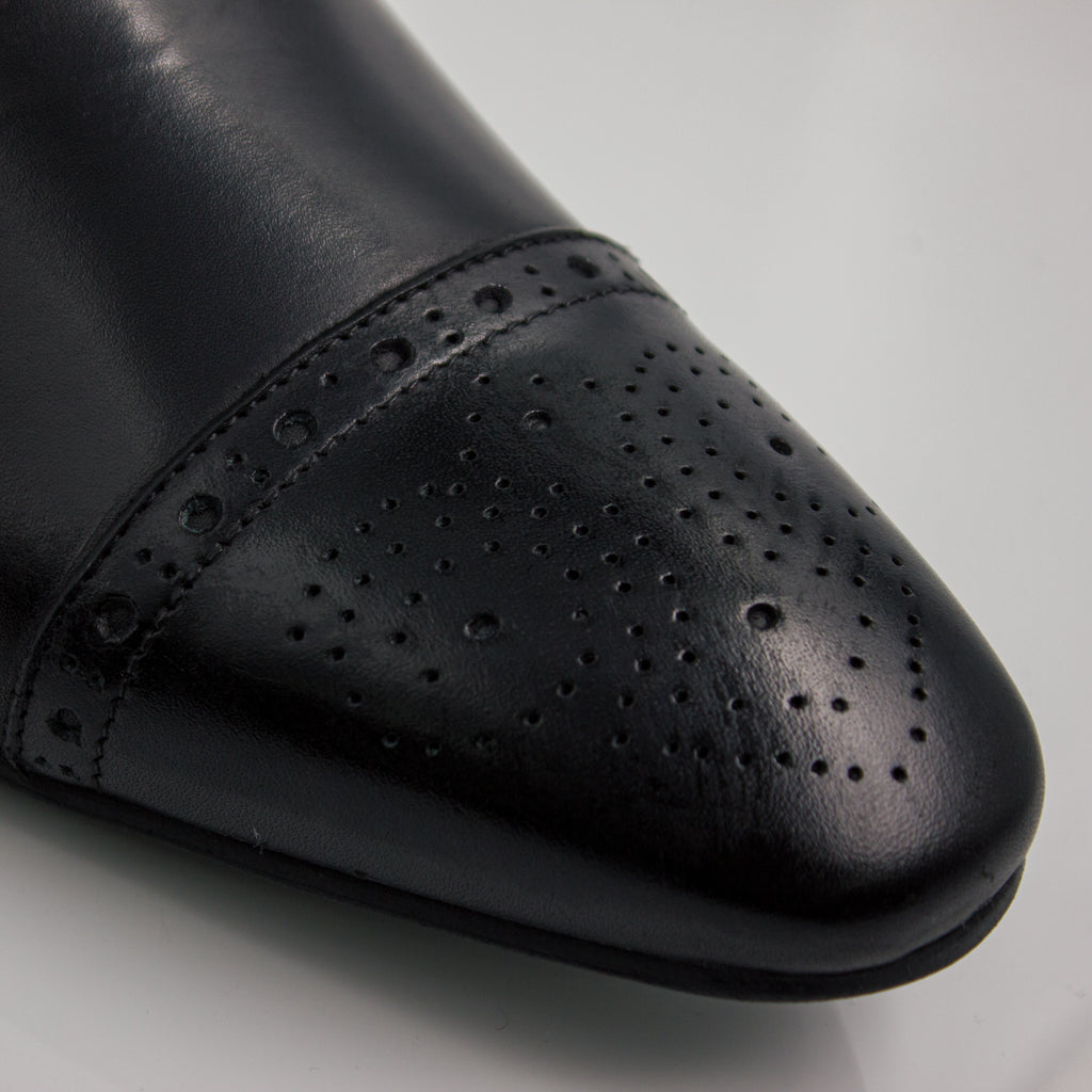 Black Brogue Pointed Cap-Toe Derby Office Shoes (Single Sole)