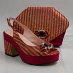 Wine Gold Chevron Low Wedge Set - Italian Shoe and Bag Set - Classic Shoes London