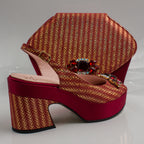 Wine Gold Chevron Low Wedge Set - Italian Shoe and Bag Set - Classic Shoes London