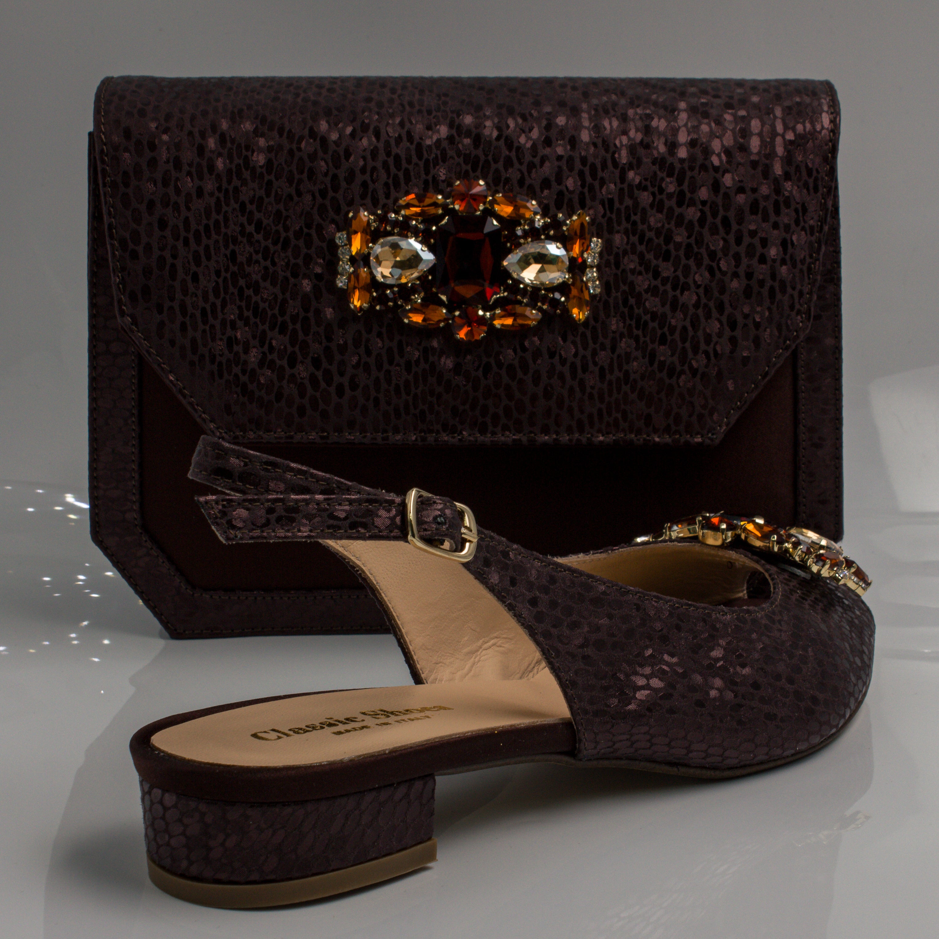 Chocolate Brown Scaled Mama Set - Italian Shoe and Bag Set - Classic Shoes London