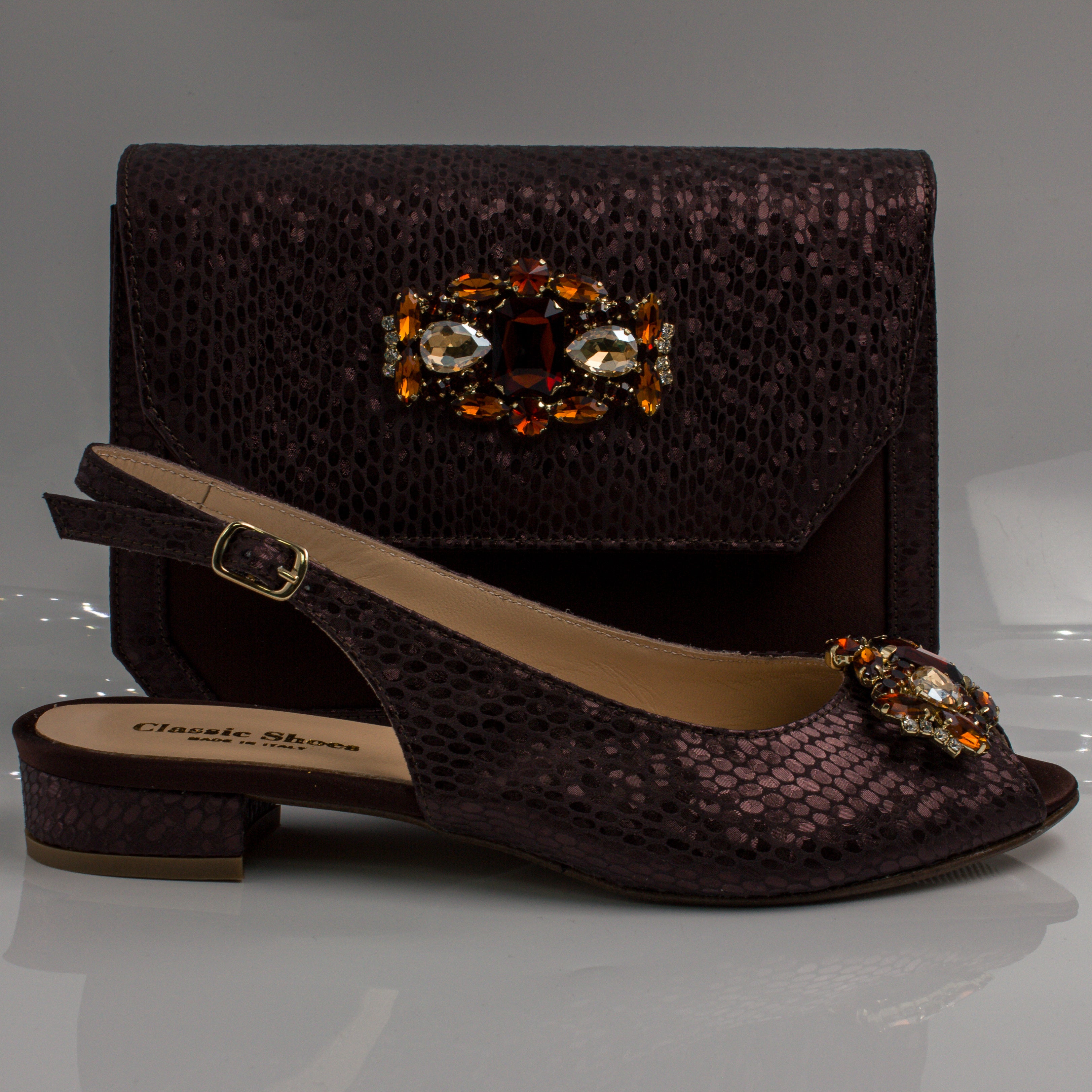 Chocolate Brown Scaled Mama Set - Italian Shoe and Bag Set - Classic Shoes London