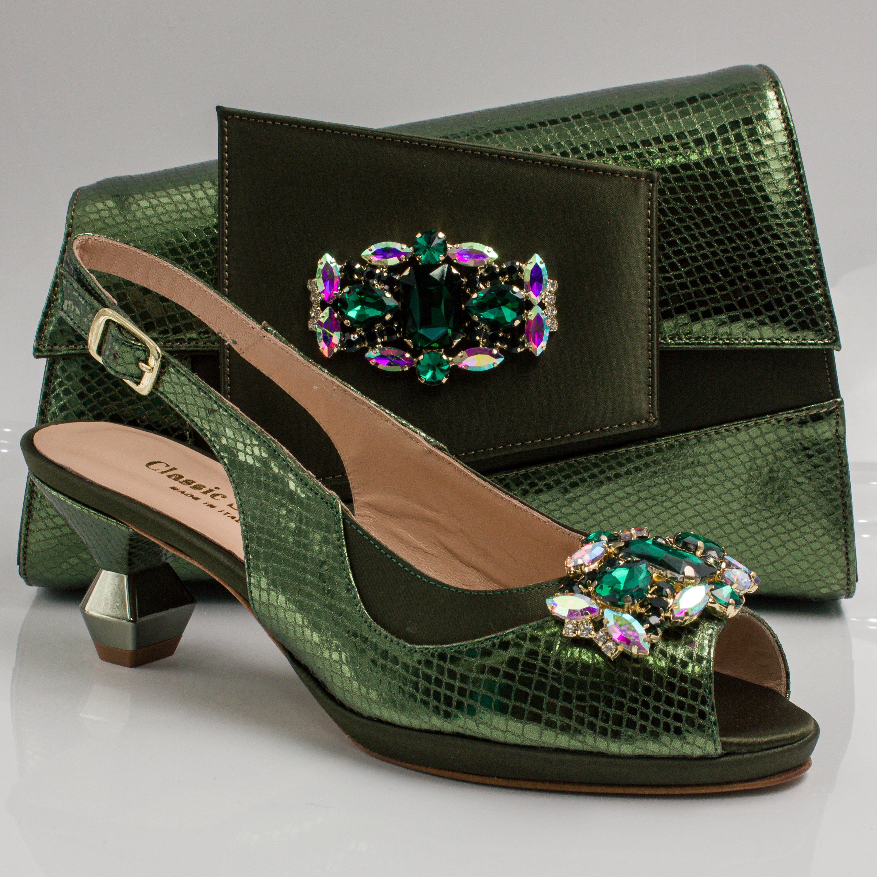Olive Scaled Crystal Heel Set - Italian Shoe and Bag Set - Classic Shoes London