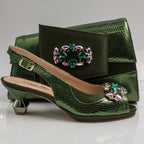 Olive Scaled Crystal Heel Set - Italian Shoe and Bag Set - Classic Shoes London
