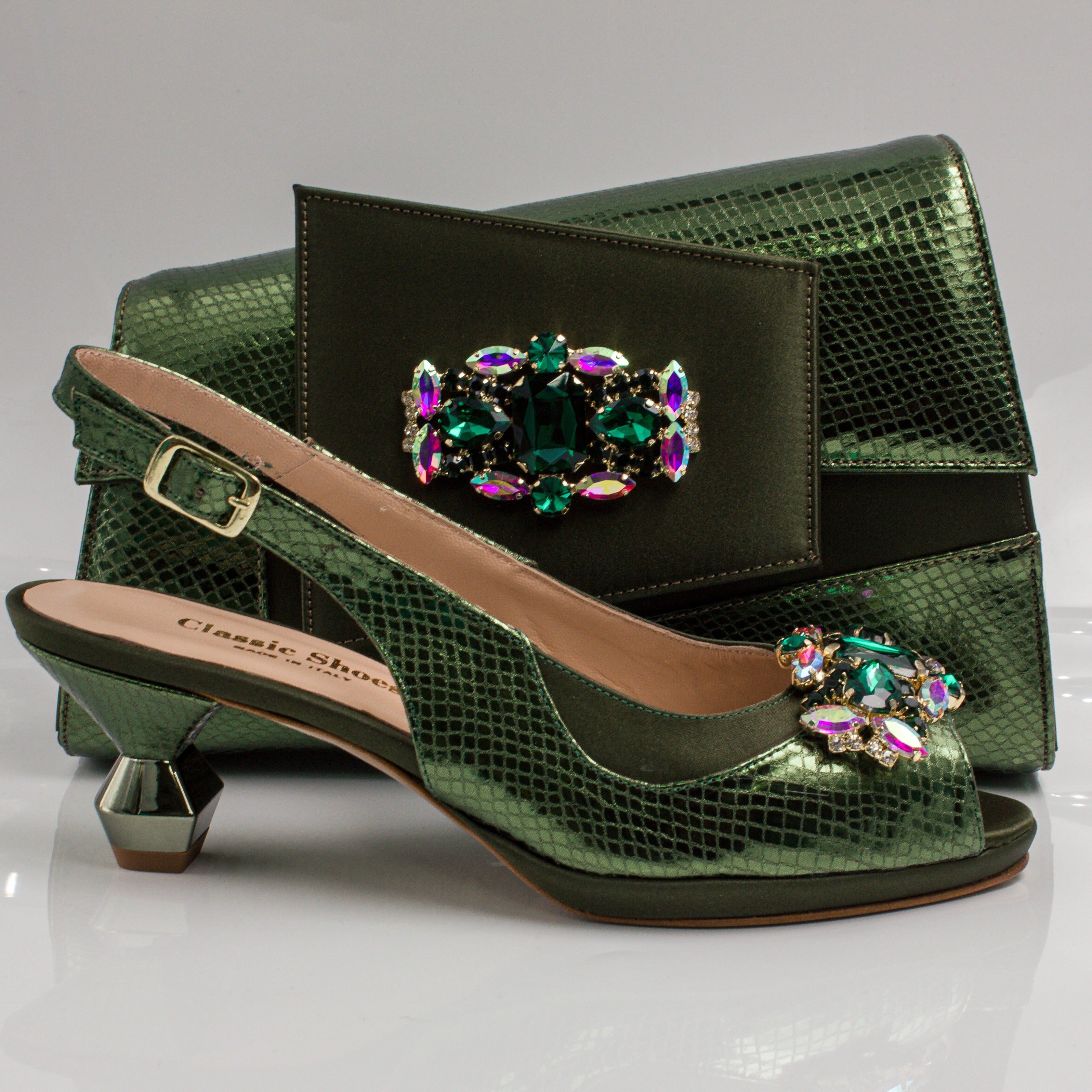 Olive Scaled Crystal Heel Set - Italian Shoe and Bag Set - Classic Shoes London