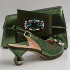 Olive Scaled Crystal Heel Set - Italian Shoe and Bag Set - Classic Shoes London