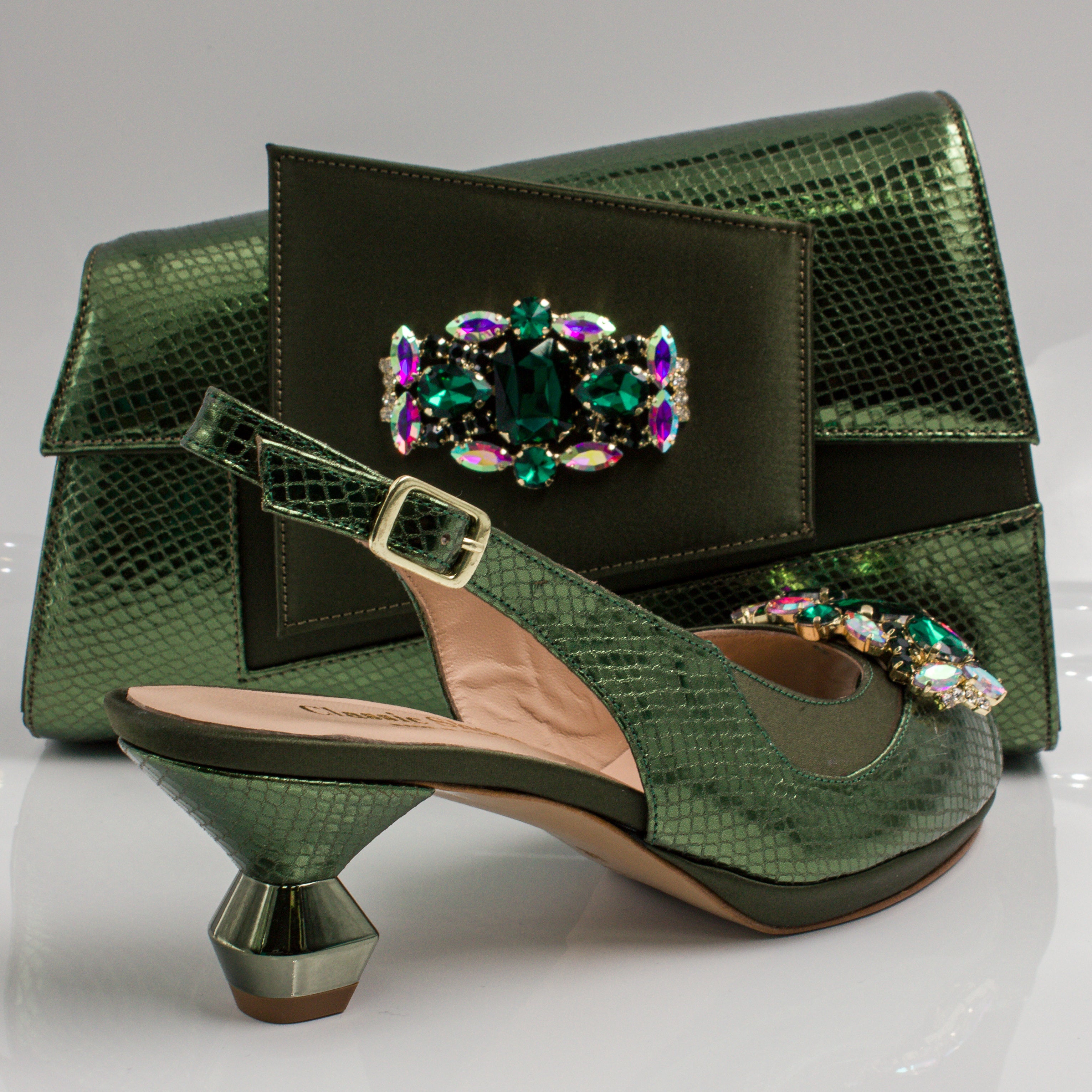 Olive Scaled Crystal Heel Set - Italian Shoe and Bag Set - Classic Shoes London