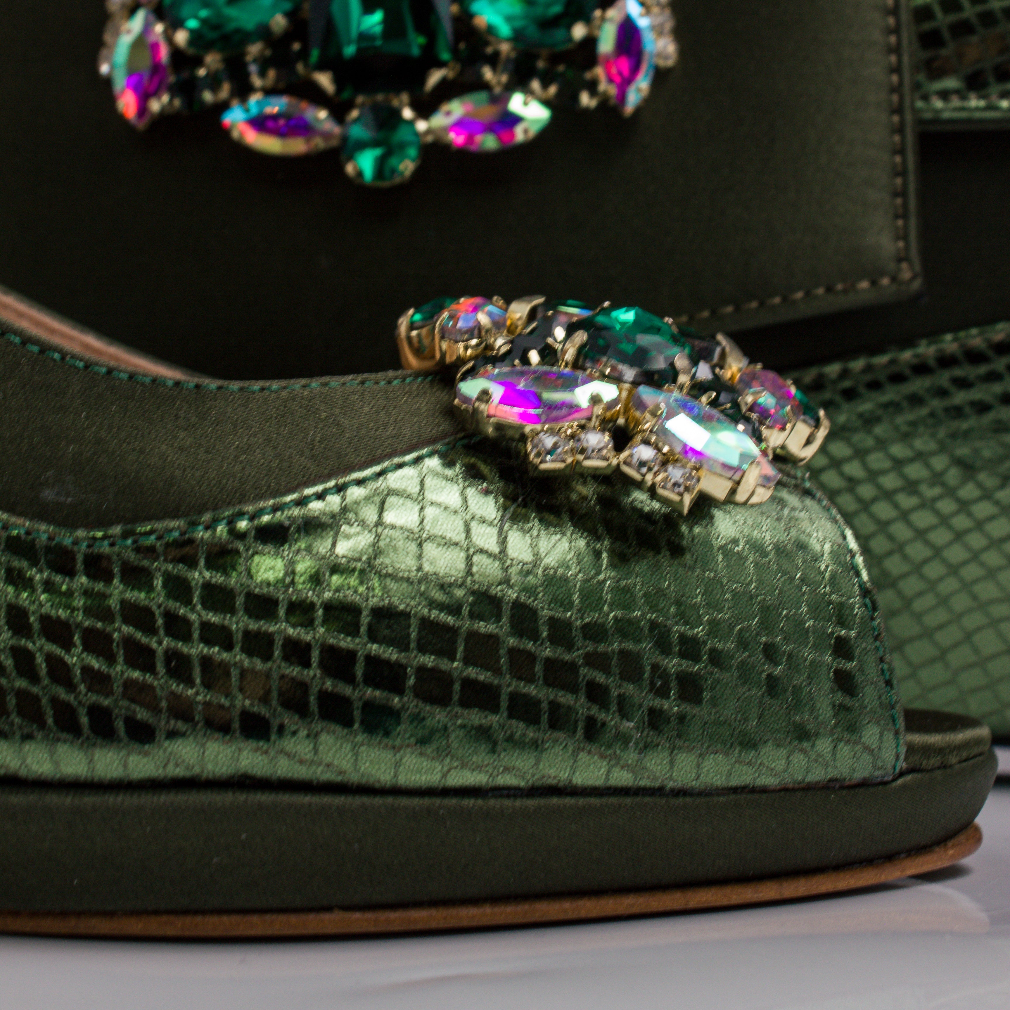 Olive Scaled Crystal Heel Set - Italian Shoe and Bag Set - Classic Shoes London