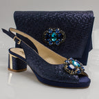 Navy Blue Scaled Block Heel Set - Italian Shoe and Bag Set - Classic Shoes London