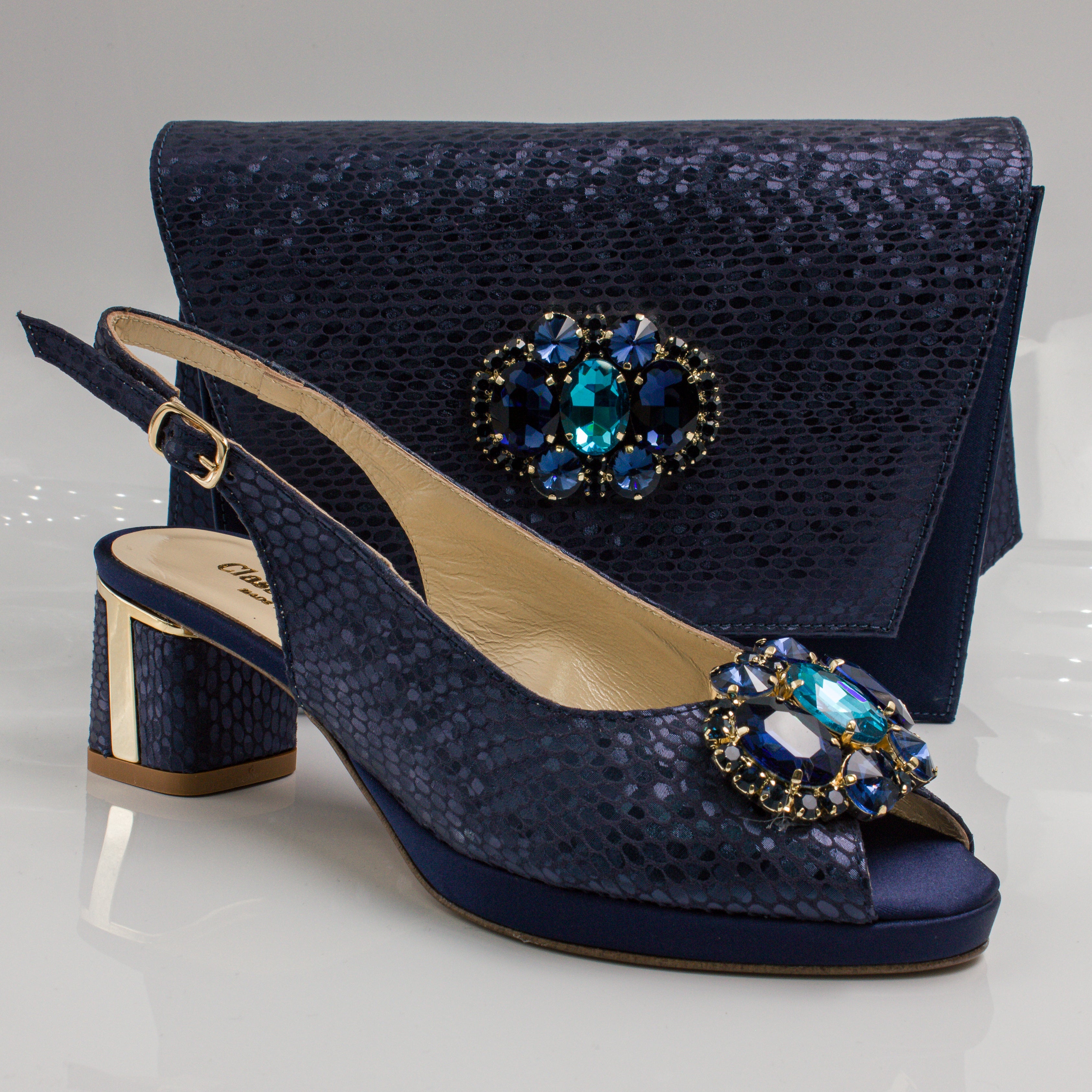 Navy Blue Scaled Block Heel Set - Italian Shoe and Bag Set - Classic Shoes London