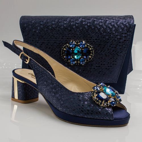 Navy Blue Scaled Block Heel Set - Italian Shoe and Bag Set - Classic Shoes London