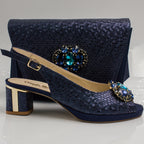 Navy Blue Scaled Block Heel Set - Italian Shoe and Bag Set - Classic Shoes London