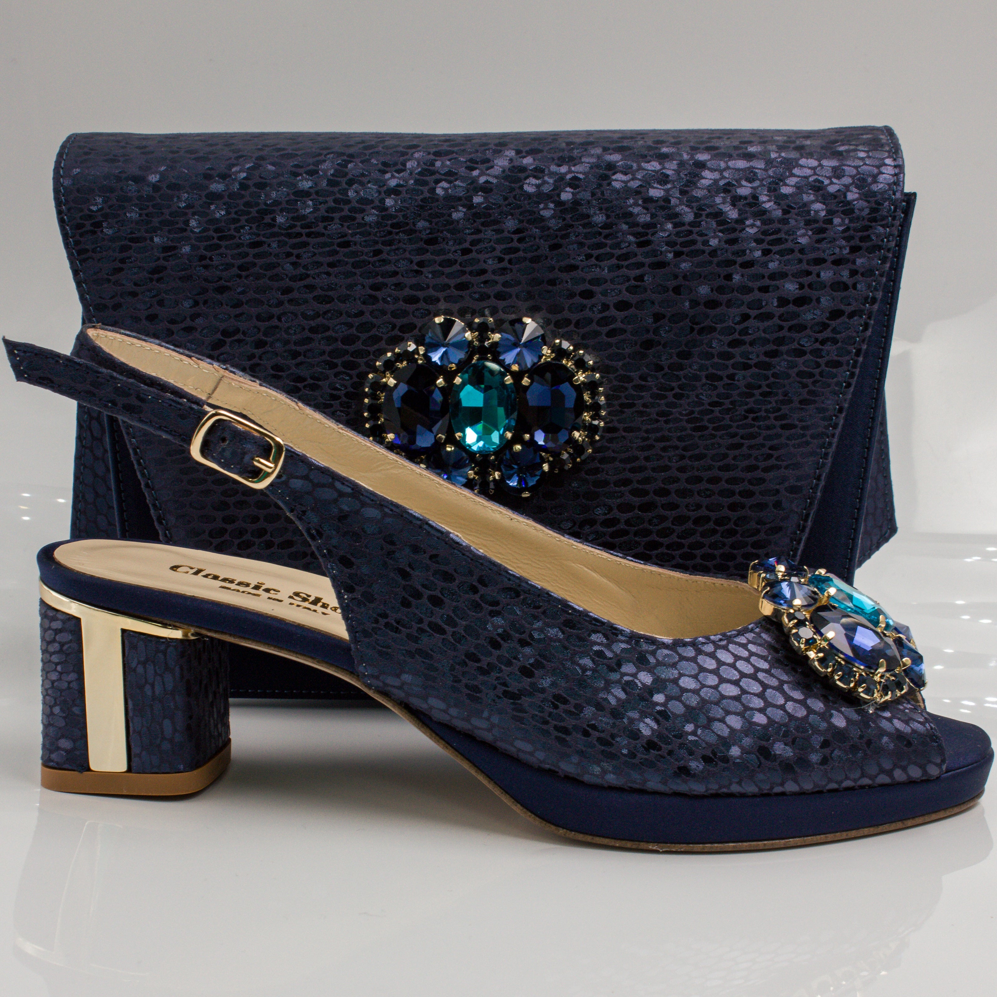 Navy Blue Scaled Block Heel Set - Italian Shoe and Bag Set - Classic Shoes London