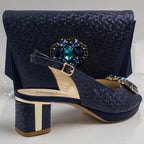 Navy Blue Scaled Block Heel Set - Italian Shoe and Bag Set - Classic Shoes London