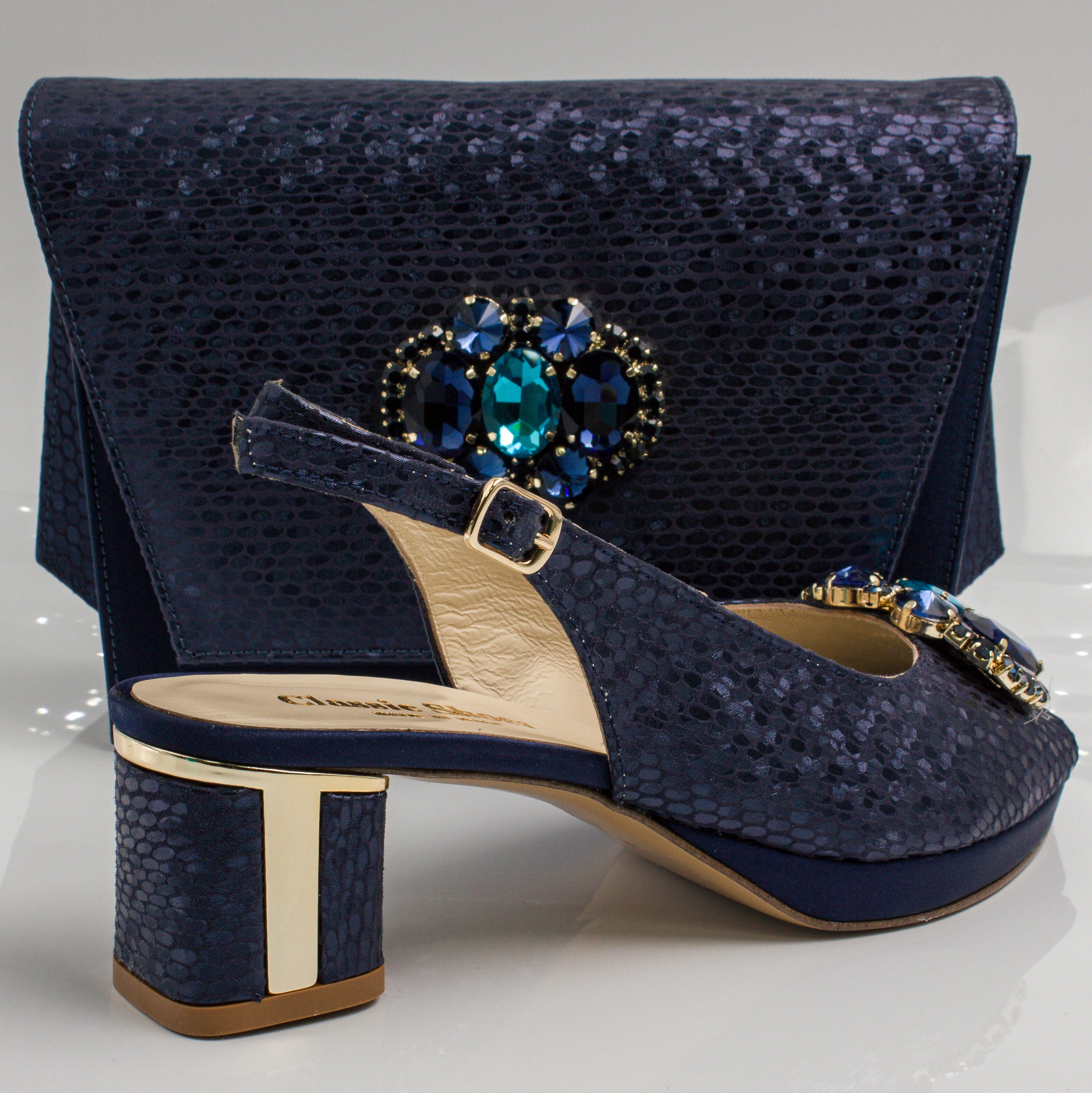 Navy Blue Scaled Block Heel Set - Italian Shoe and Bag Set - Classic Shoes London