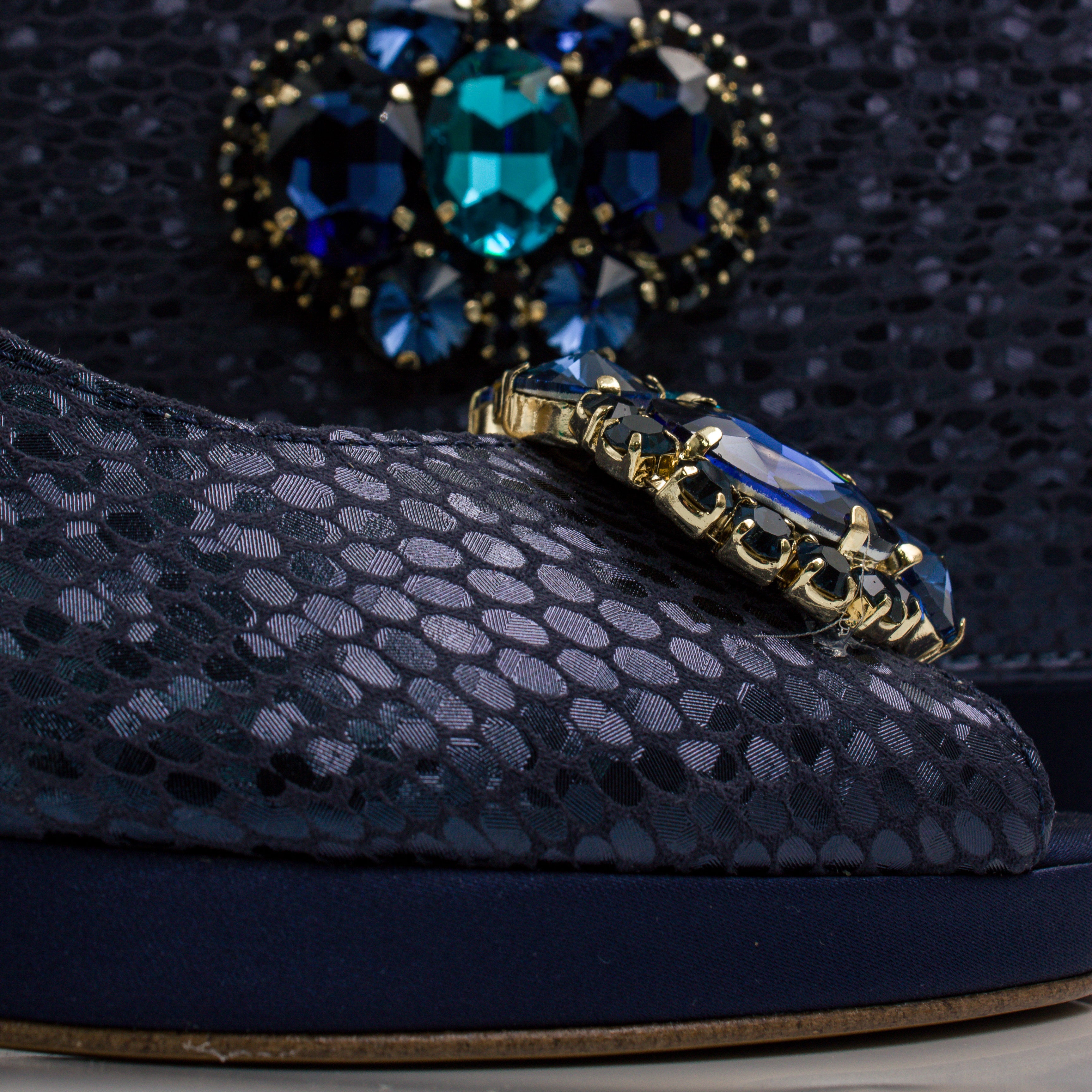 Navy Blue Scaled Block Heel Set - Italian Shoe and Bag Set - Classic Shoes London