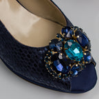 Navy Blue Scaled Block Heel Set - Italian Shoe and Bag Set - Classic Shoes London