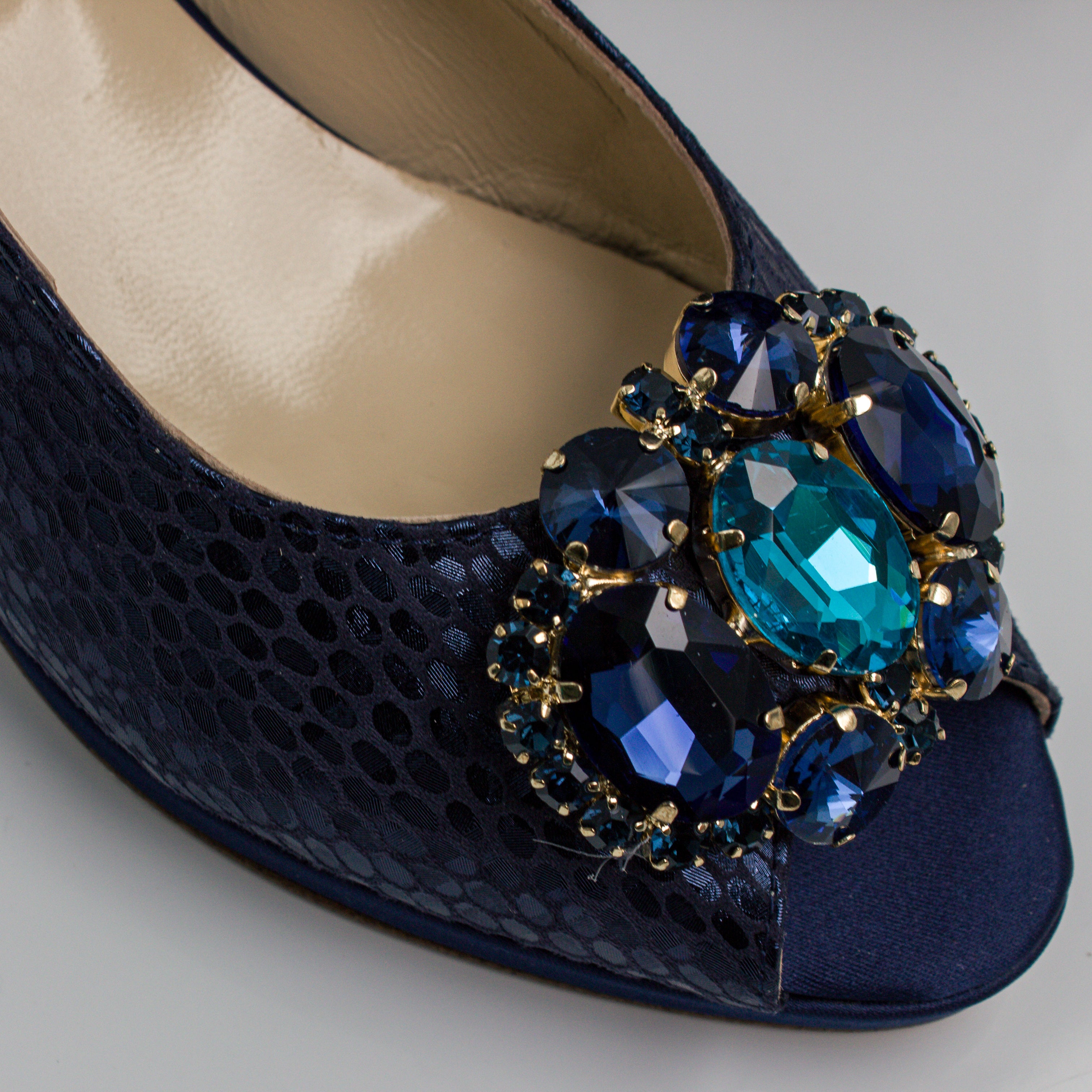 Navy Blue Scaled Block Heel Set - Italian Shoe and Bag Set - Classic Shoes London