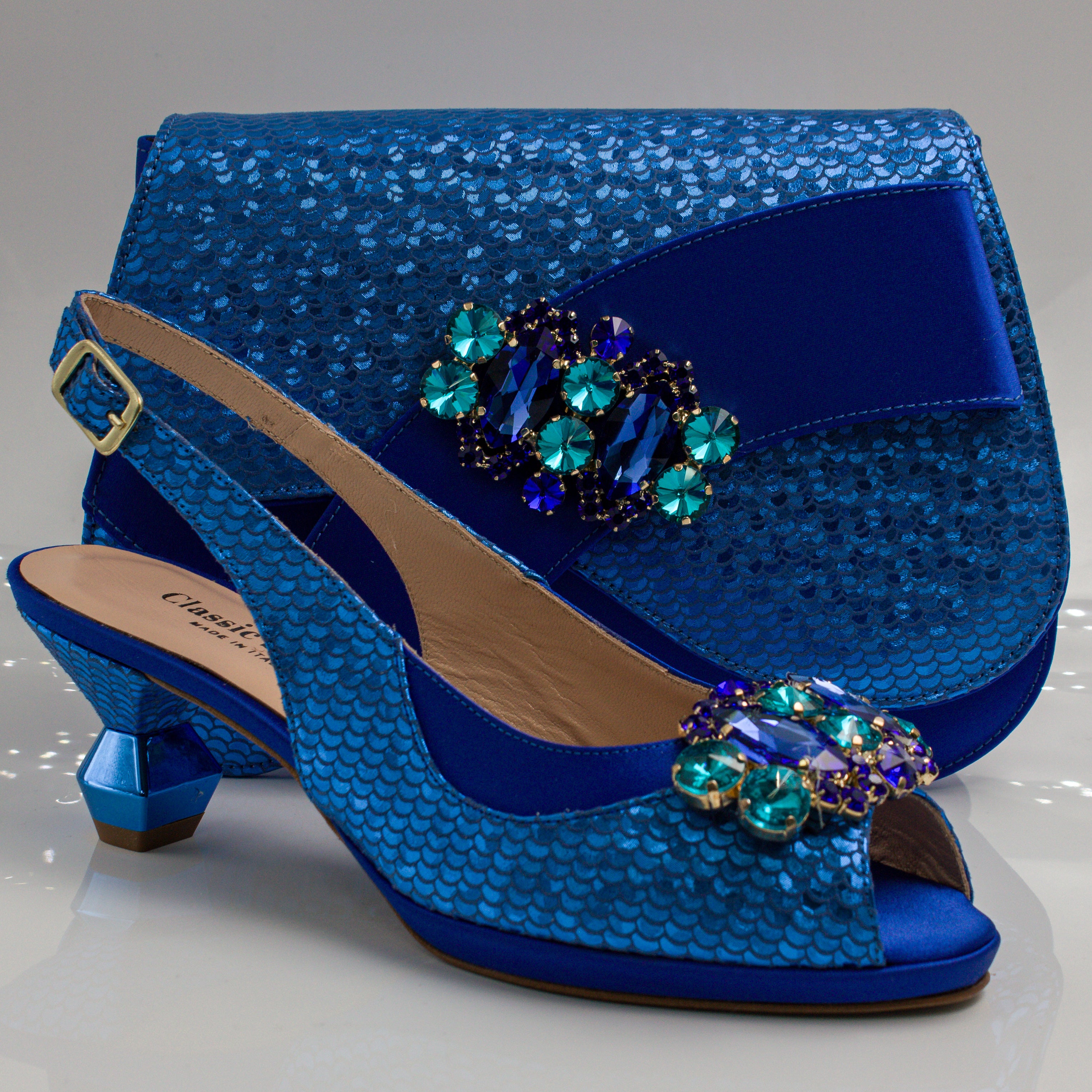 Royal Blue Scaled Crystal Heel Set - Italian Shoe and Bag Set - Classic Shoes London