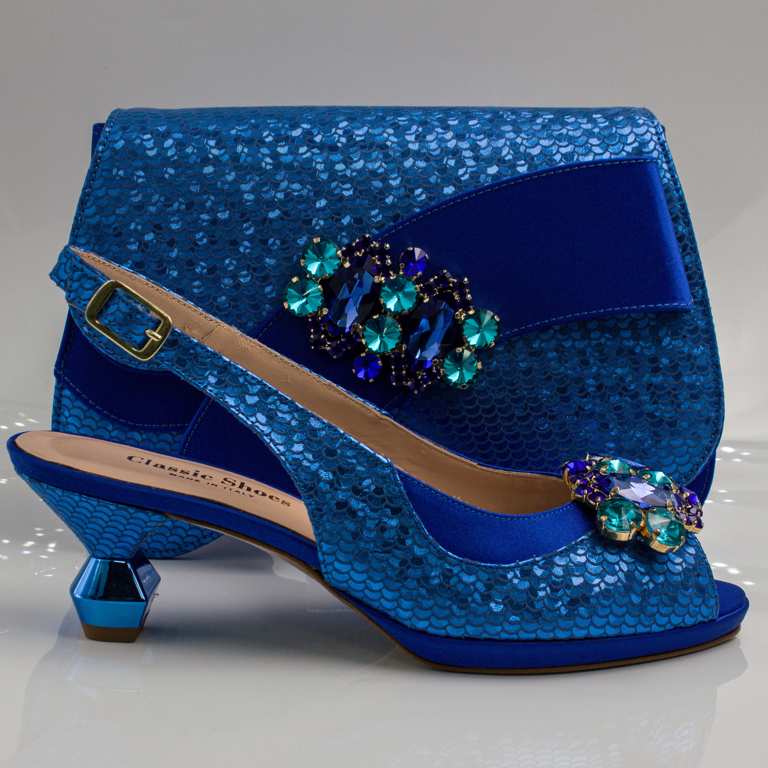 Royal Blue Scaled Crystal Heel Set - Italian Shoe and Bag Set - Classic Shoes London