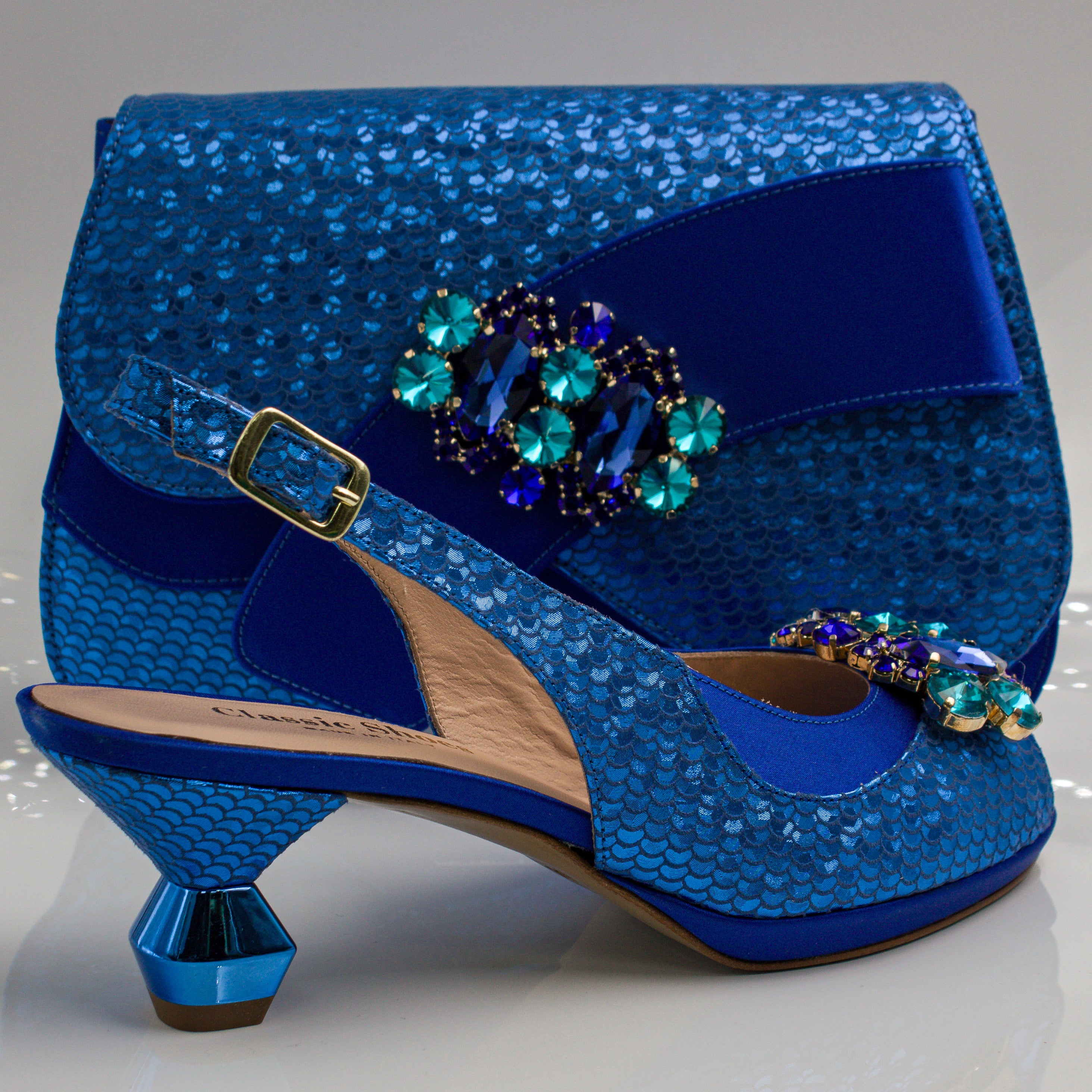 Royal Blue Scaled Crystal Heel Set - Italian Shoe and Bag Set - Classic Shoes London