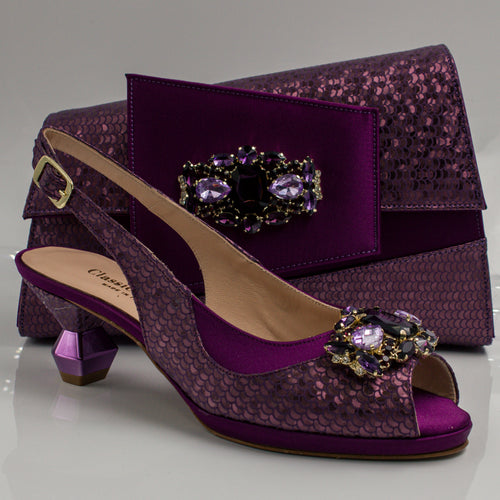 Plum Scaled Crystal Heel Set - Italian Shoe and Bag Set - Classic Shoes London