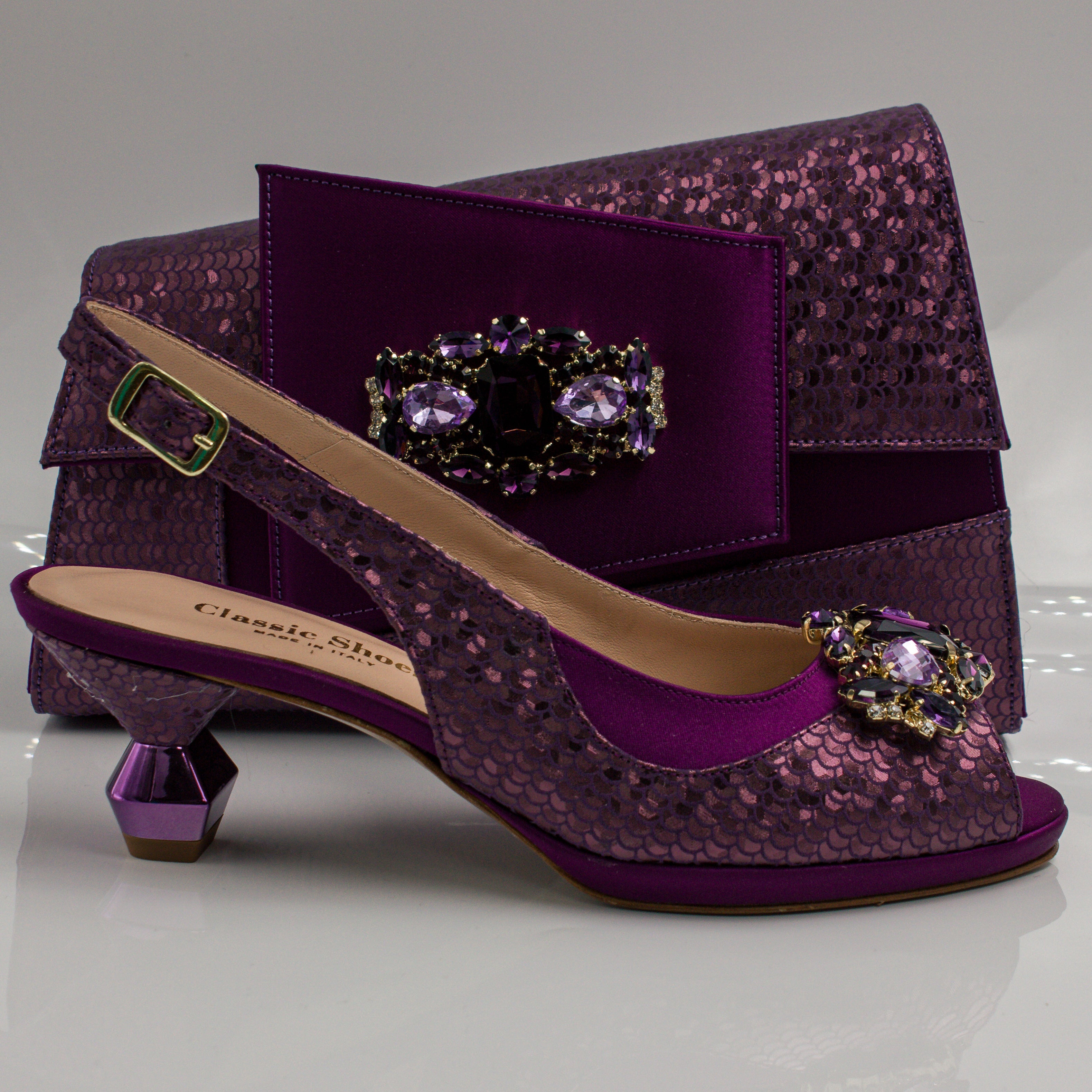 Plum Scaled Crystal Heel Set - Italian Shoe and Bag Set - Classic Shoes London