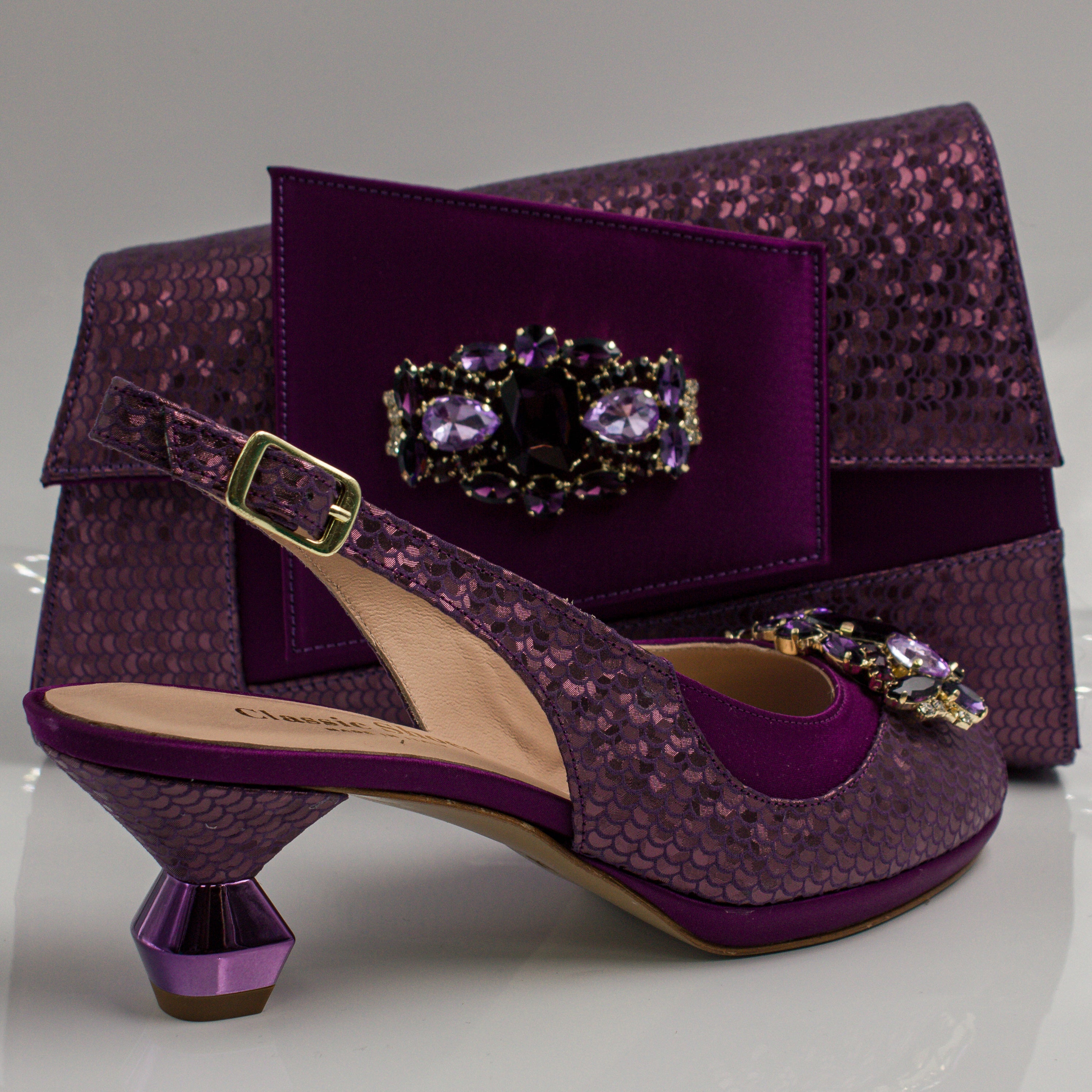 Plum Scaled Crystal Heel Set - Italian Shoe and Bag Set - Classic Shoes London