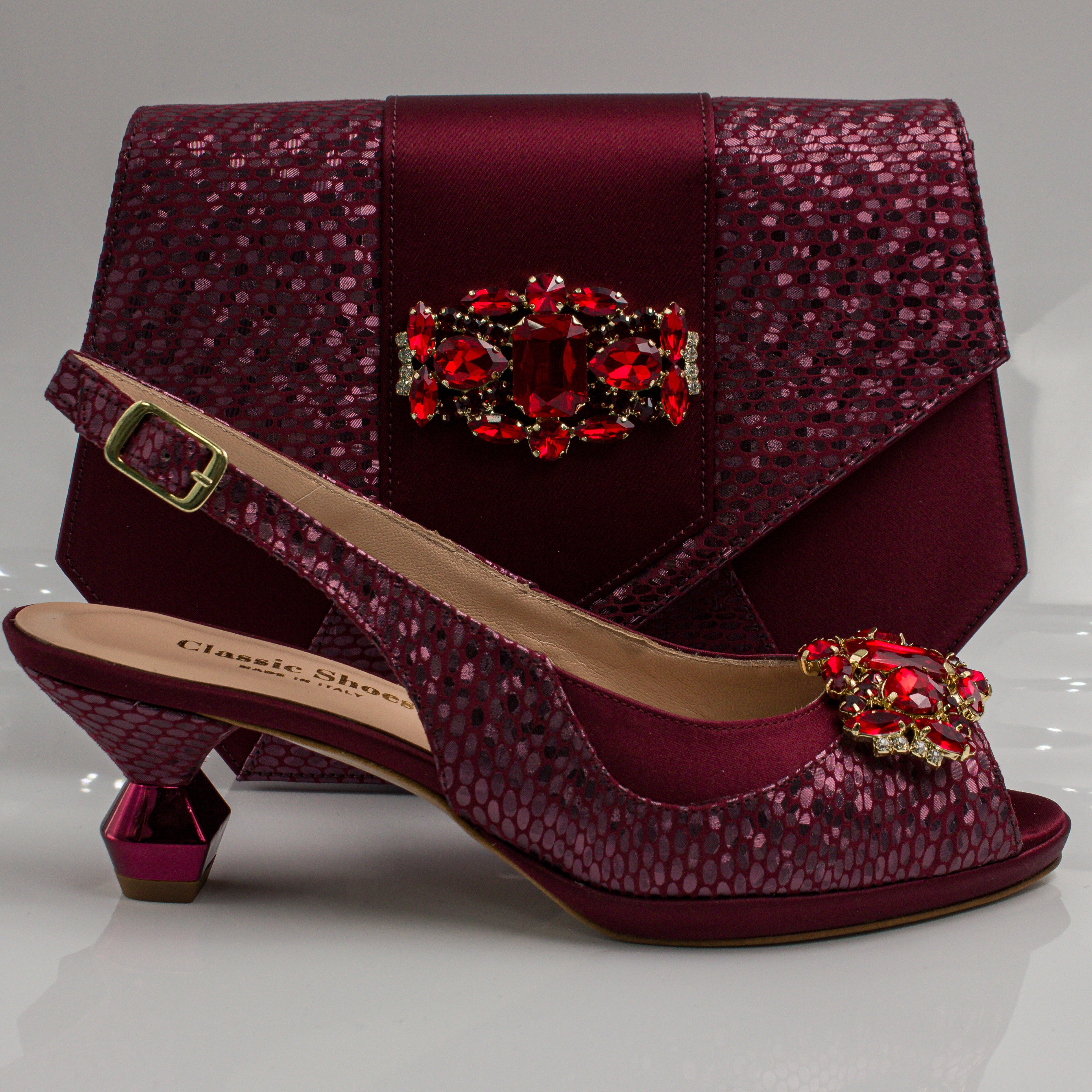 Burgundy Scaled Crystal Heel Set - Italian Shoe and Bag Set - Classic Shoes London
