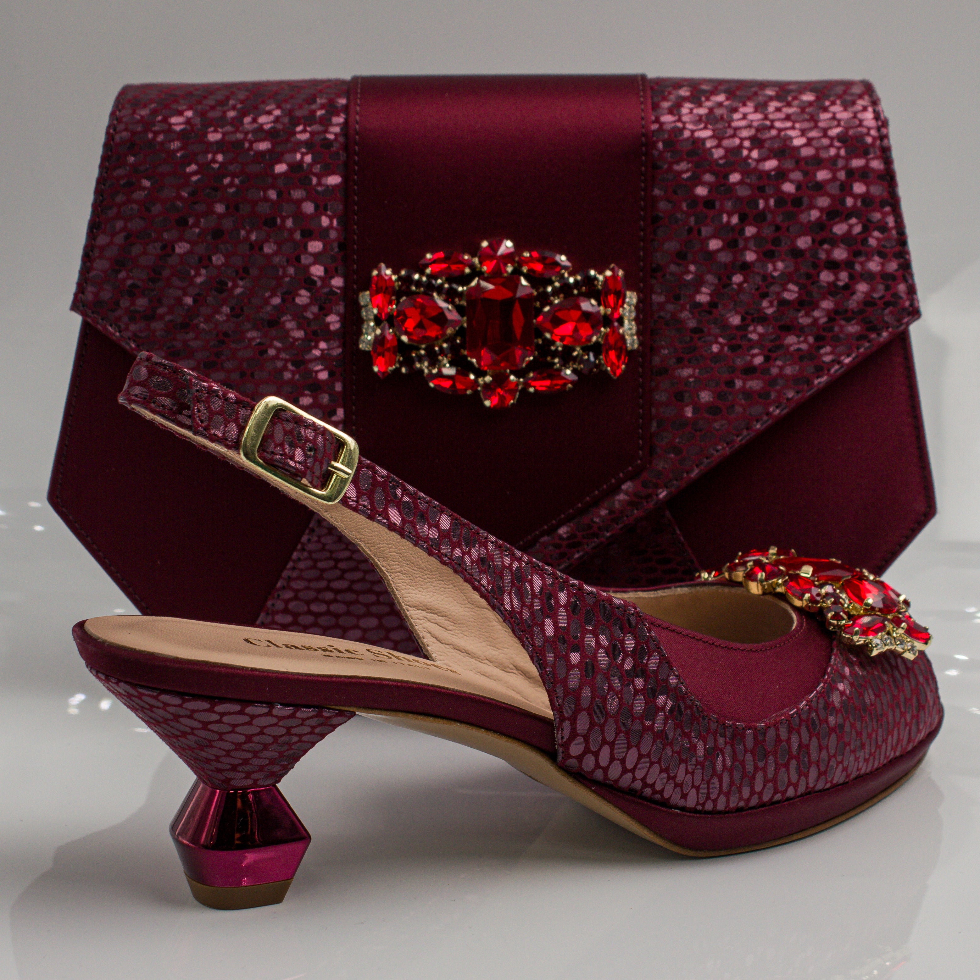 Burgundy Scaled Crystal Heel Set - Italian Shoe and Bag Set - Classic Shoes London