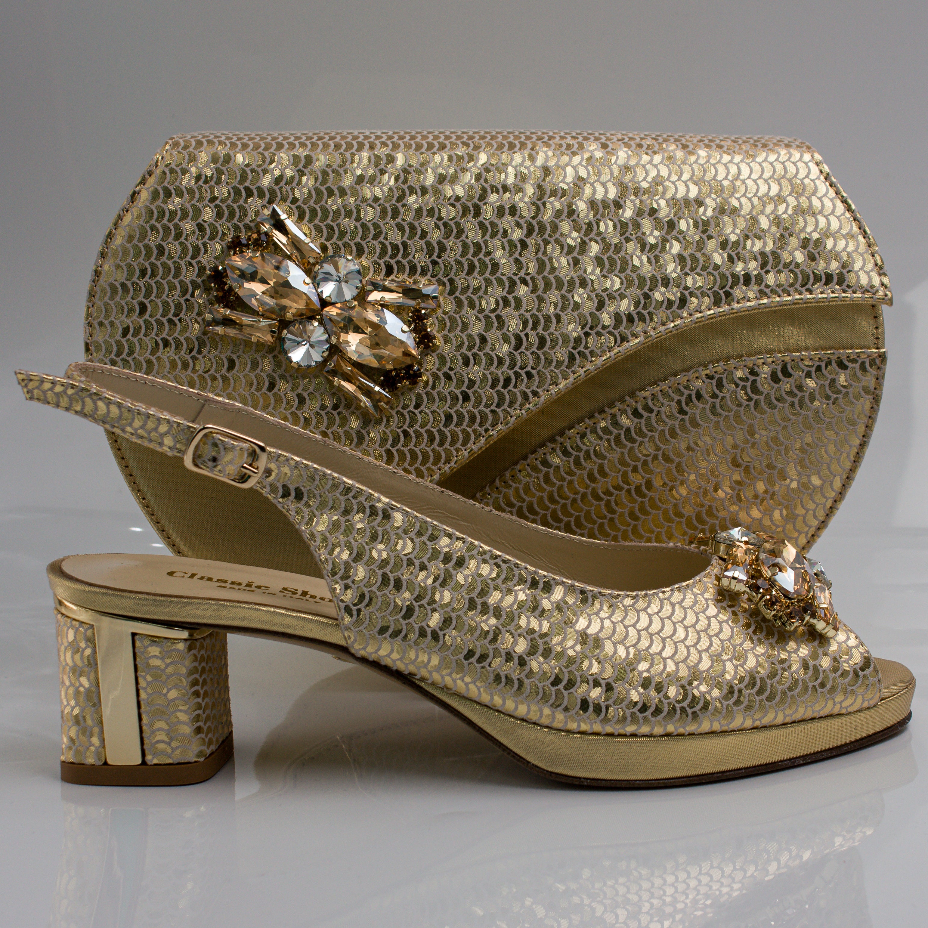 Gold Scaled Block Heel Set - Italian Shoe and Bag Set - Classic Shoes London