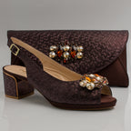 Chocolate Scaled Block Heel Set - Italian Shoe and Bag Set - Classic Shoes London