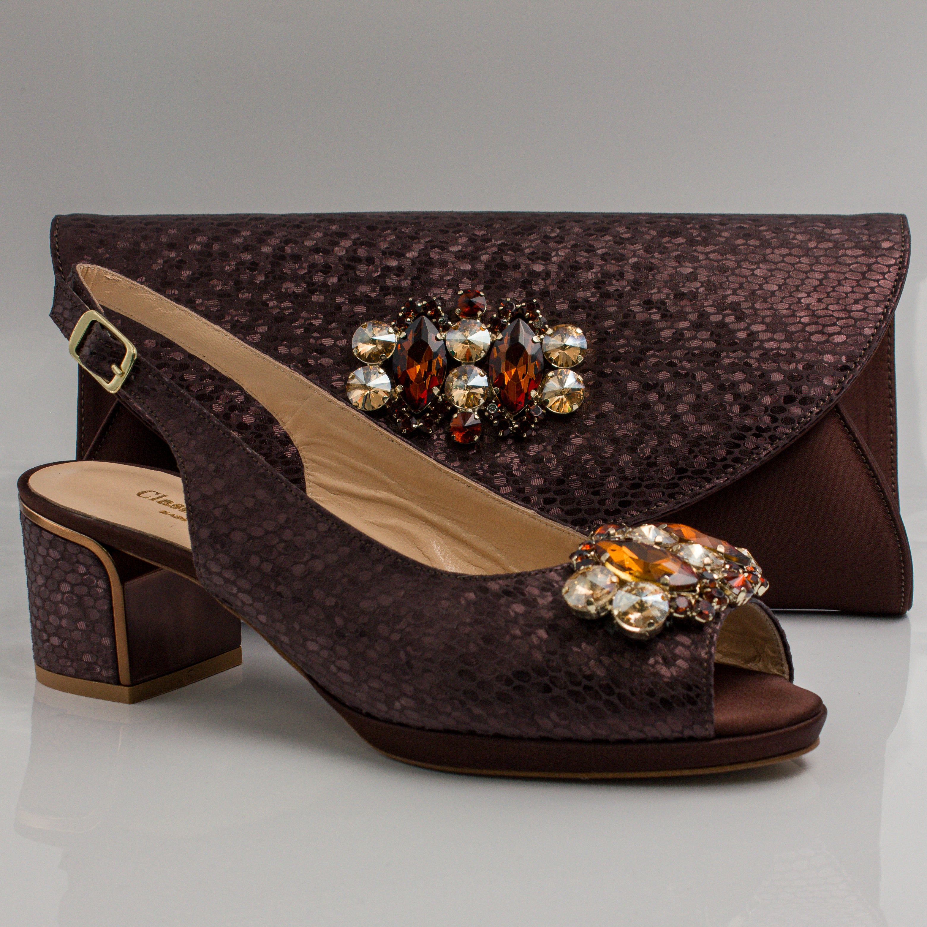 Chocolate Scaled Block Heel Set - Italian Shoe and Bag Set - Classic Shoes London