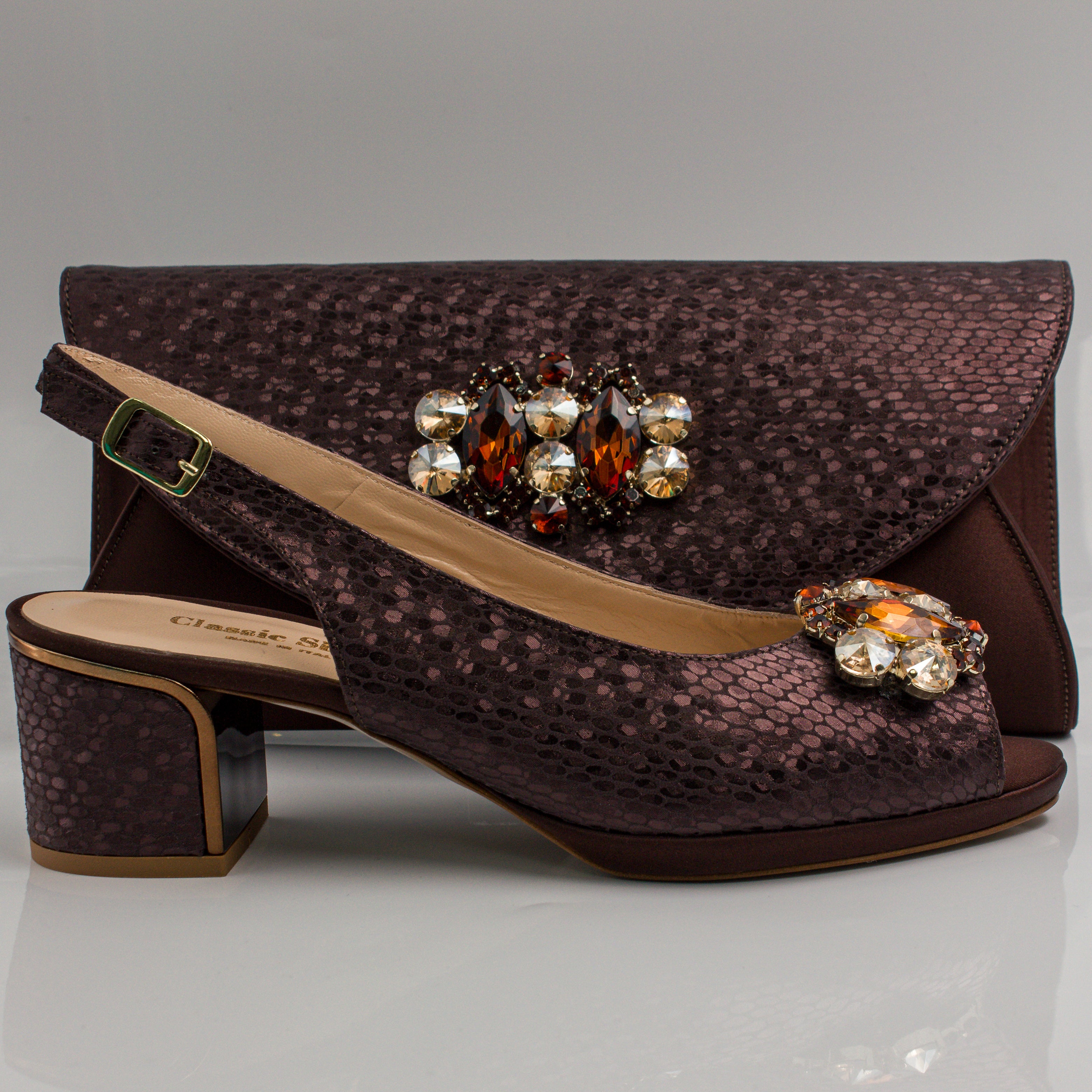Chocolate Scaled Block Heel Set - Italian Shoe and Bag Set - Classic Shoes London