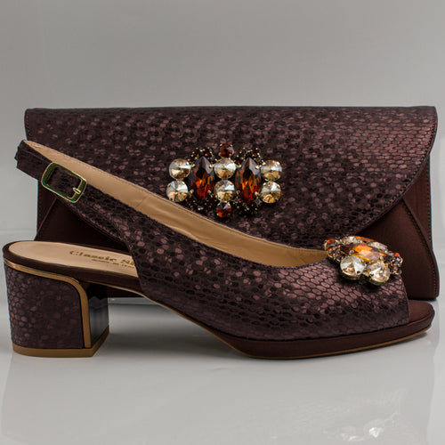 Chocolate Scaled Block Heel Set - Italian Shoe and Bag Set - Classic Shoes London
