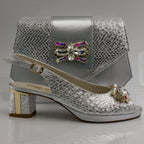 Silver Scaled Block Heel Set - Italian Shoe and Bag Set - Classic Shoes London