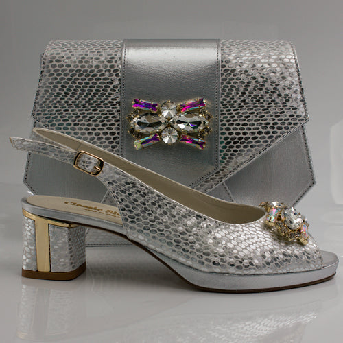 Silver Scaled Block Heel Set - Italian Shoe and Bag Set - Classic Shoes London