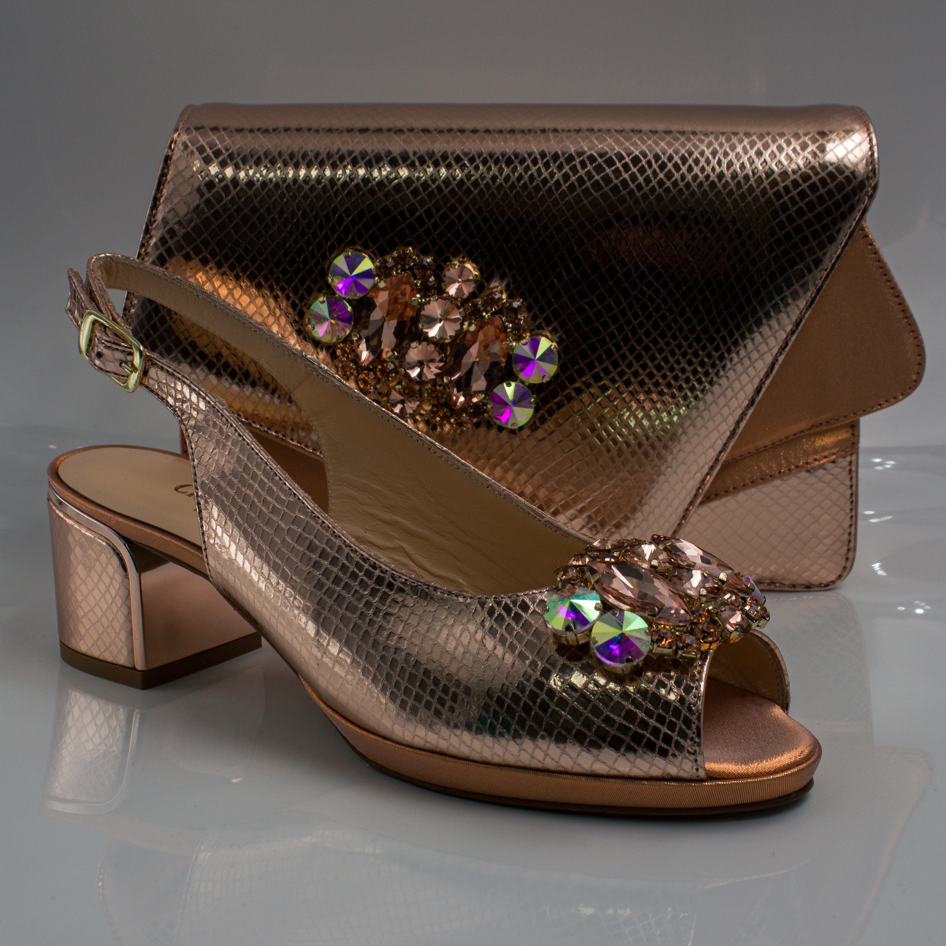 Rose Gold Scaled Block Heel Set - Italian Shoe and Bag Set - Classic Shoes London
