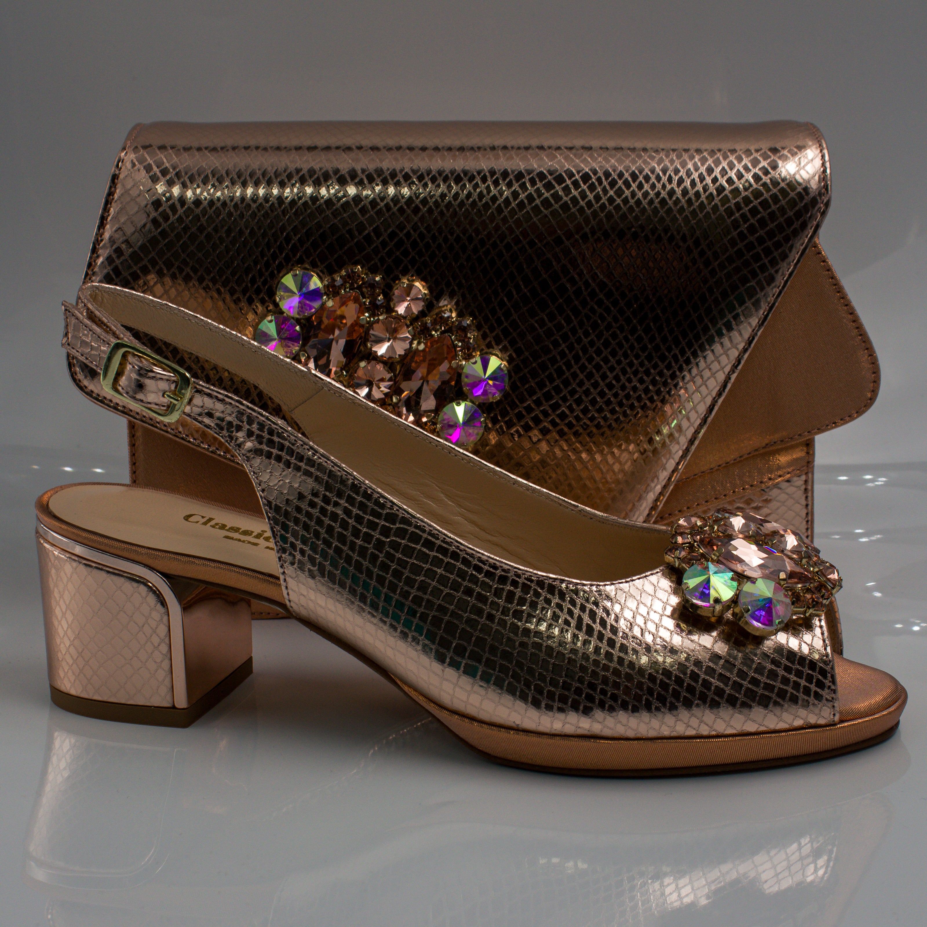 Rose Gold Scaled Block Heel Set - Italian Shoe and Bag Set - Classic Shoes London