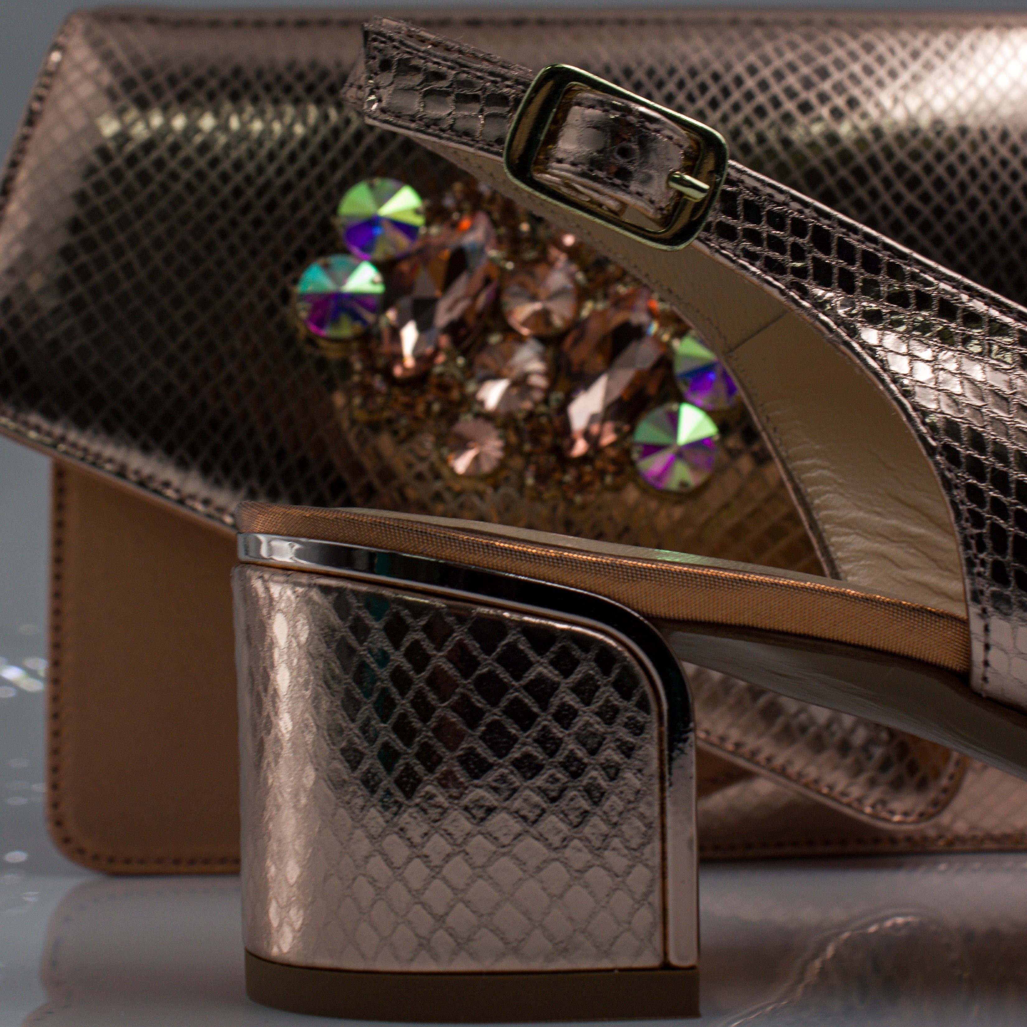 Rose Gold Scaled Block Heel Set - Italian Shoe and Bag Set - Classic Shoes London