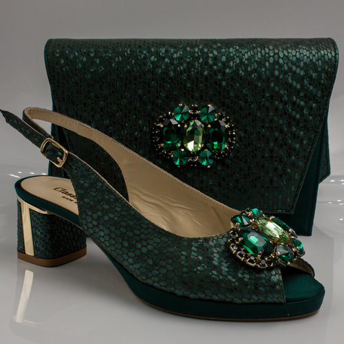 Emerald Green Scaled Block Heel Set - Italian Shoe and Bag Set - Classic Shoes London