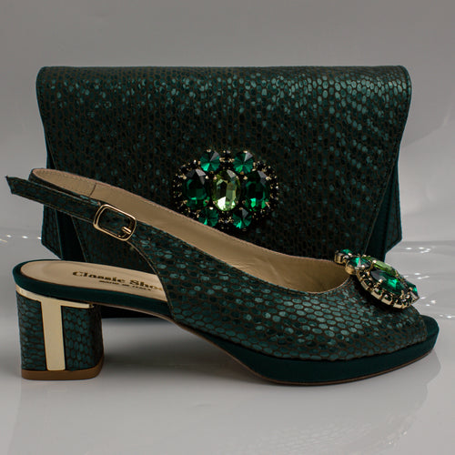 Emerald Green Scaled Block Heel Set - Italian Shoe and Bag Set - Classic Shoes London