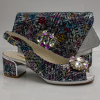 Silver Multi Aztec Block Heel Set - Italian Shoe and Bag Set - Classic Shoes London