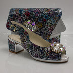 Silver Multi Aztec Block Heel Set - Italian Shoe and Bag Set - Classic Shoes London