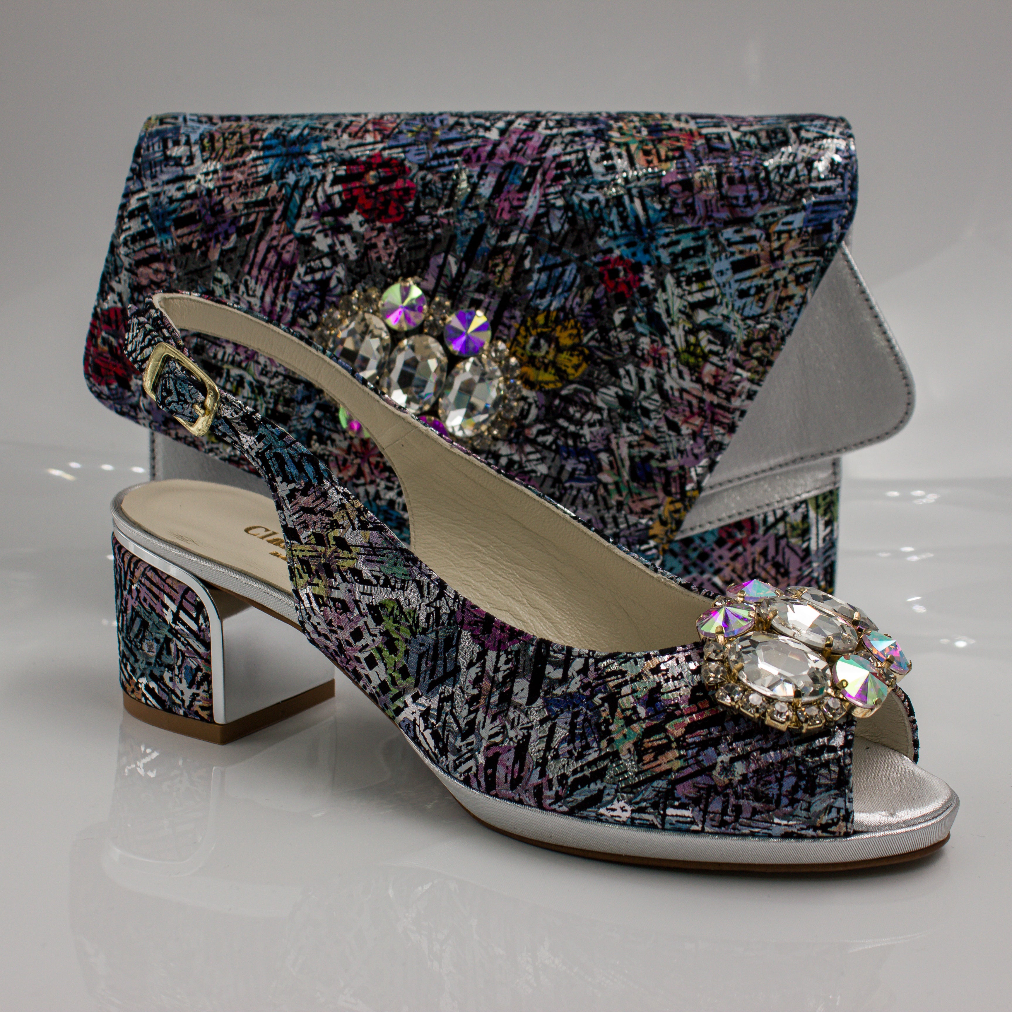 Silver Multi Aztec Block Heel Set - Italian Shoe and Bag Set - Classic Shoes London
