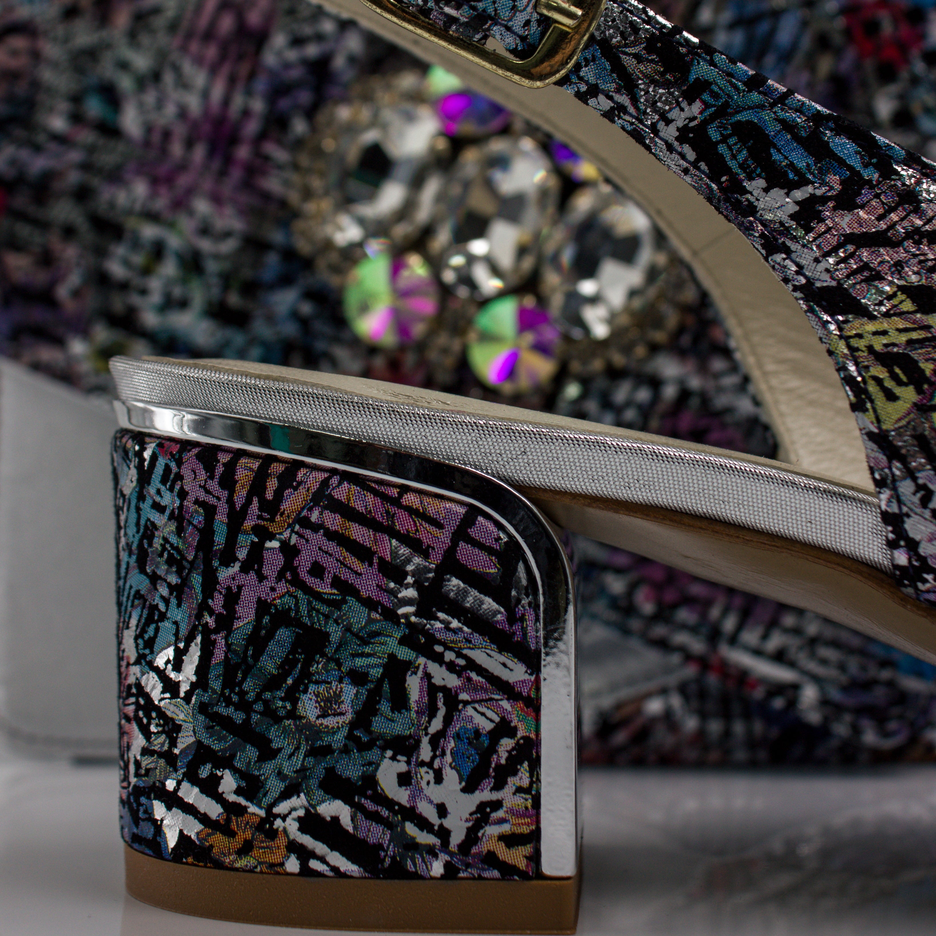 Silver Multi Aztec Block Heel Set - Italian Shoe and Bag Set - Classic Shoes London