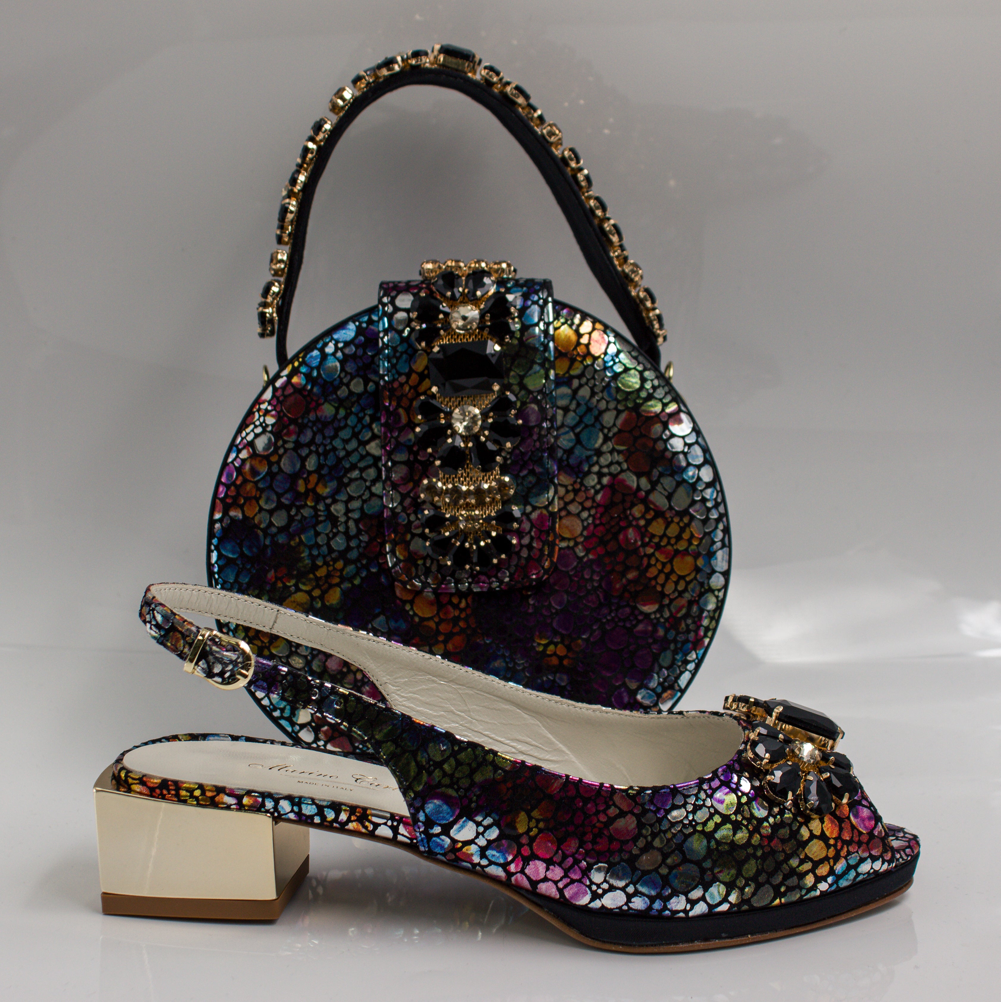Midnight Multi Regal Crystal Mama Set - Italian Shoe and Bag Set - Classic Shoes London