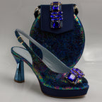 Navy Shimmer Radiance Wedge Set - Italian Shoe and Bag Set - Classic Shoes London