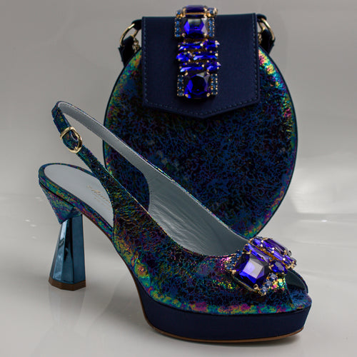 Navy Shimmer Radiance Wedge Set - Italian Shoe and Bag Set - Classic Shoes London