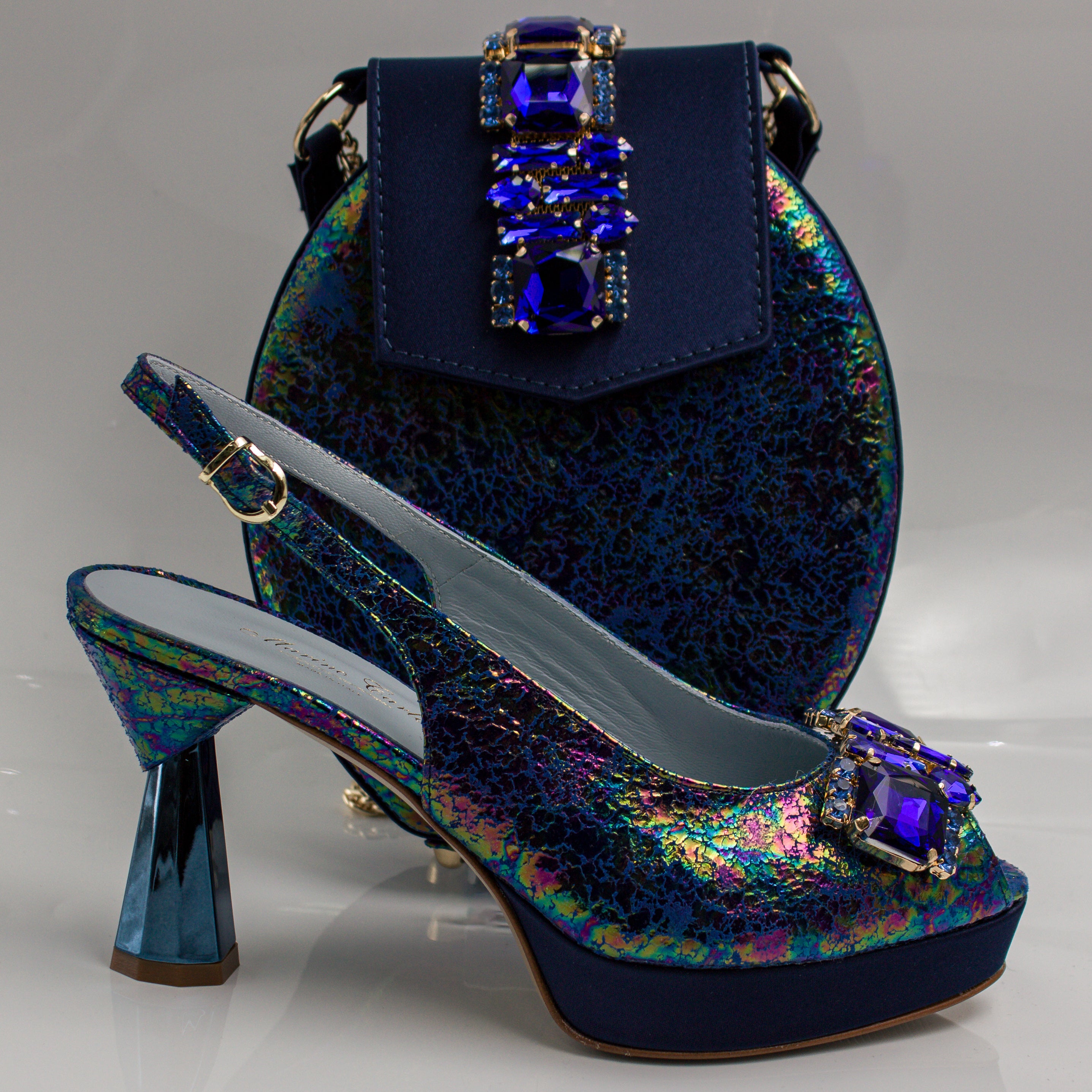 Navy Shimmer Radiance Wedge Set - Italian Shoe and Bag Set - Classic Shoes London